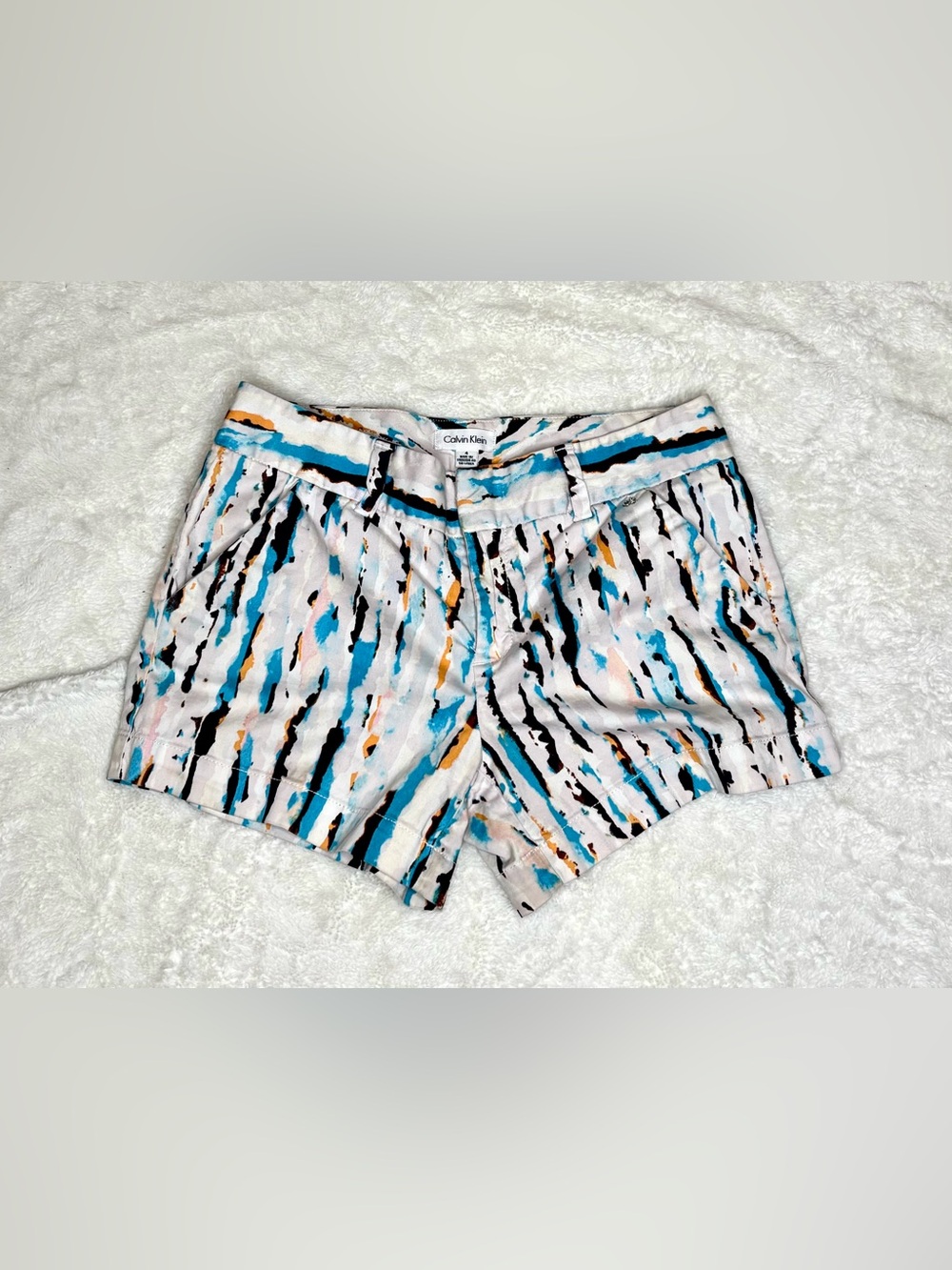 Calvin Klein Blue, Black & Tan Abstract Print Jean Shorts